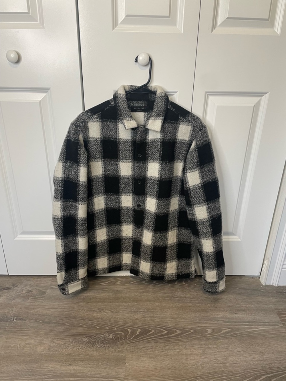 AllSaints Black and White Plaid Wool Shacket